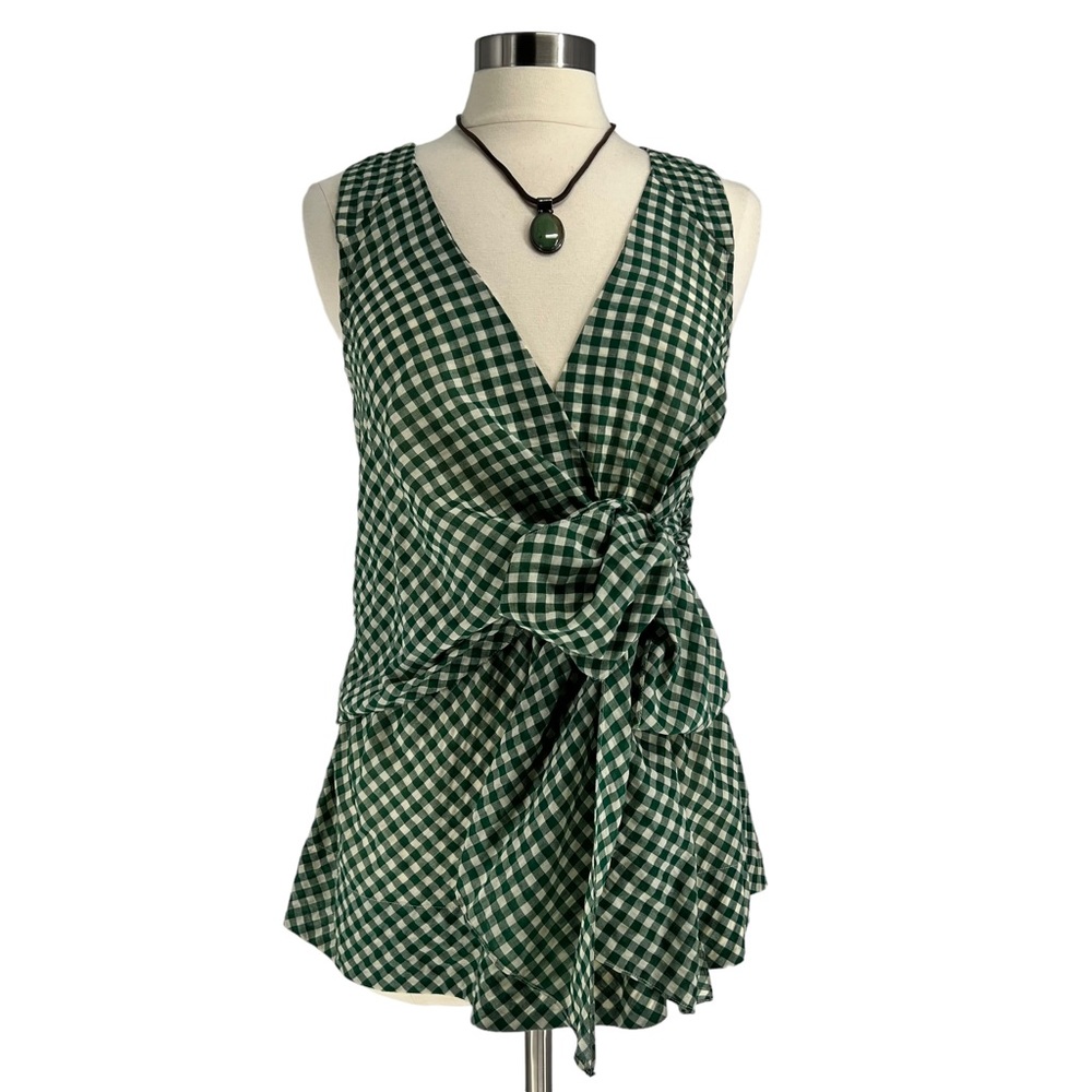 Anthropologie Green Gingham Wrap Top
